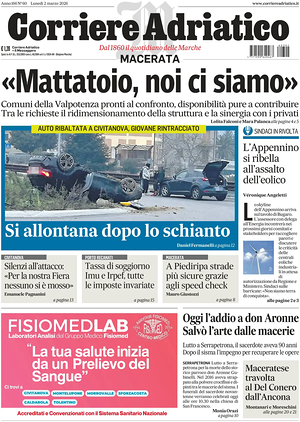 Prima pagina Corriere Adriatico (Macerata) di oggi - Quotidiano regionale