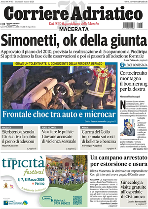 Prima pagina Corriere Adriatico (Macerata) di oggi - Quotidiano regionale