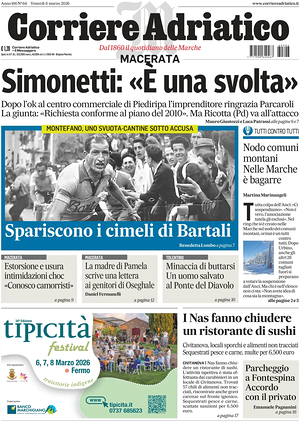 Prima pagina Corriere Adriatico (Macerata) di oggi - Quotidiano regionale