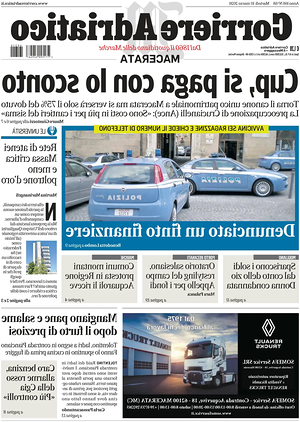 Prima pagina Corriere Adriatico (Macerata) di oggi - Quotidiano regionale