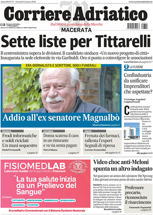 Prima pagina Corriere Adriatico (Macerata) di oggi - Quotidiano regionale