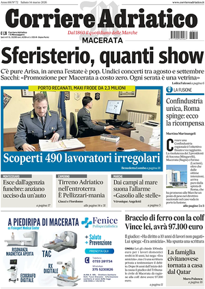 Prima pagina Corriere Adriatico (Macerata) di oggi - Quotidiano regionale