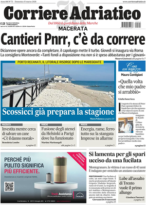 Prima pagina Corriere Adriatico (Macerata) di oggi - Quotidiano regionale