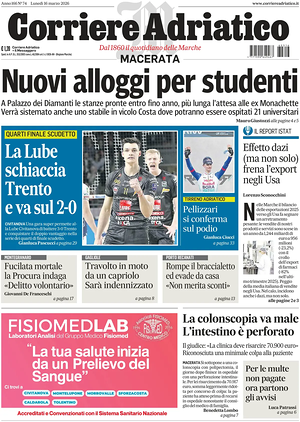 Prima pagina Corriere Adriatico (Macerata) di oggi - Quotidiano regionale