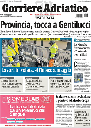 Prima pagina Corriere Adriatico (Macerata) di oggi - Quotidiano regionale