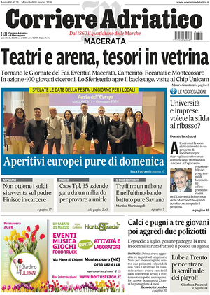 Prima pagina Corriere Adriatico (Macerata) di oggi - Quotidiano regionale