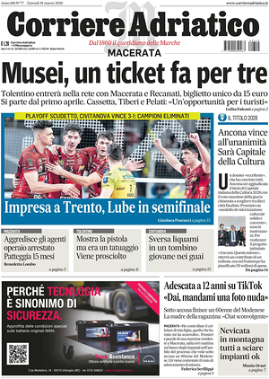 Prima pagina Corriere Adriatico (Macerata) di oggi - Quotidiano regionale