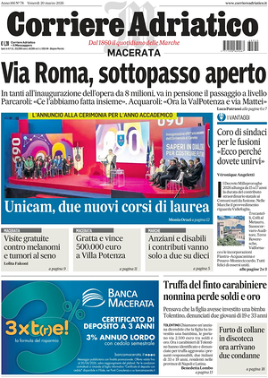 Prima pagina Corriere Adriatico (Macerata) di oggi - Quotidiano regionale