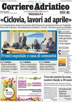 Prima pagina Corriere Adriatico (Macerata) di oggi - Quotidiano regionale