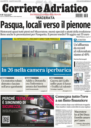 Prima pagina Corriere Adriatico (Macerata) di oggi - Quotidiano regionale