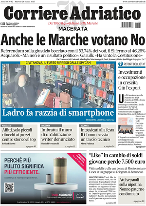 Prima pagina Corriere Adriatico (Macerata) di oggi - Quotidiano regionale