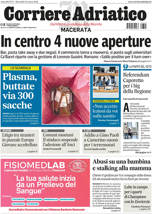Prima pagina Corriere Adriatico (Macerata) di oggi - Quotidiano regionale