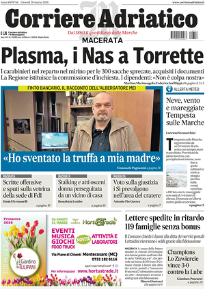 Prima pagina Corriere Adriatico (Macerata) di oggi - Quotidiano regionale