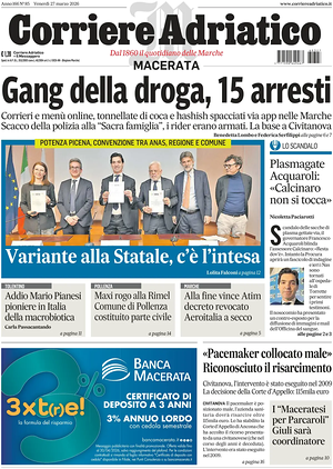 Prima pagina Corriere Adriatico (Macerata) di oggi - Quotidiano regionale