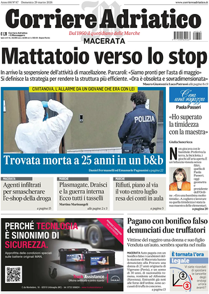 Prima pagina Corriere Adriatico (Macerata) di oggi - Quotidiano regionale
