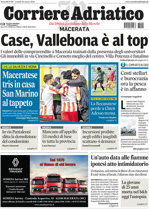 Prima pagina Corriere Adriatico (Macerata) di oggi - Quotidiano regionale
