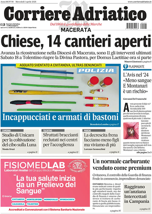 Prima pagina Corriere Adriatico (Macerata) di oggi - Quotidiano regionale
