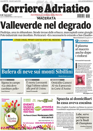 Prima pagina Corriere Adriatico (Macerata) di oggi - Quotidiano regionale