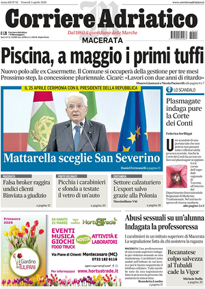 Prima pagina Corriere Adriatico (Macerata) di oggi - Quotidiano regionale
