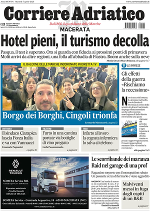 Prima pagina Corriere Adriatico (Macerata) di oggi - Quotidiano regionale