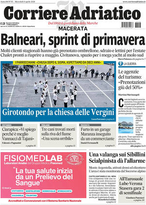 Prima pagina Corriere Adriatico (Macerata) di oggi - Quotidiano regionale