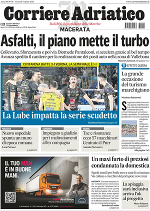 Prima pagina Corriere Adriatico (Macerata) di oggi - Quotidiano regionale