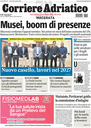 Prima pagina Corriere Adriatico (Macerata) di oggi - Quotidiano regionale