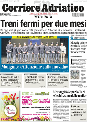 Prima pagina Corriere Adriatico (Macerata) di oggi - Quotidiano regionale