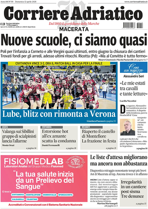 Prima pagina Corriere Adriatico (Macerata) di oggi - Quotidiano regionale