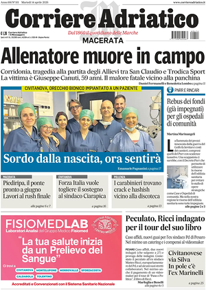 Prima pagina Corriere Adriatico (Macerata) di oggi - Quotidiano regionale