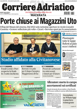 Prima pagina Corriere Adriatico (Macerata) di oggi - Quotidiano regionale