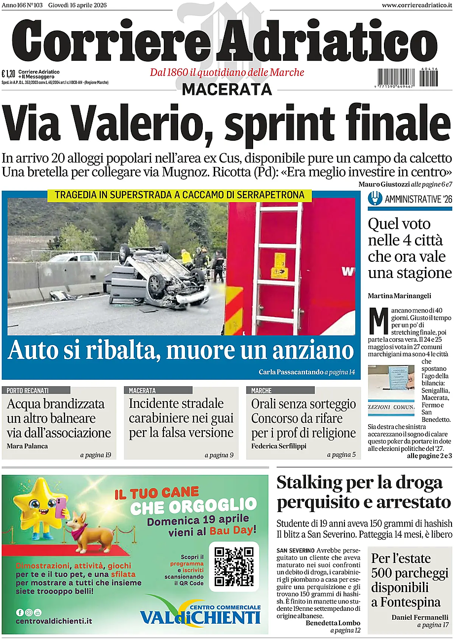 Prima pagina Corriere Adriatico (Macerata) di oggi - Edicola 16 Aprile 2026