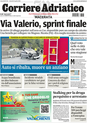 Prima pagina Corriere Adriatico (Macerata) di oggi - Quotidiano regionale