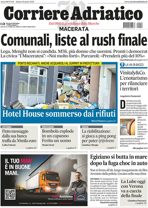 Prima pagina Corriere Adriatico (Macerata) di oggi - Quotidiano regionale