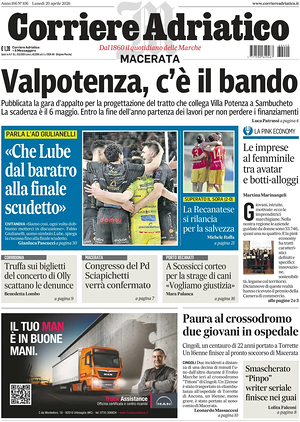 Prima pagina Corriere Adriatico (Macerata) di oggi - Quotidiano regionale
