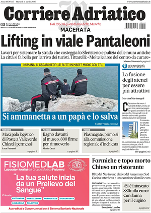 Prima pagina Corriere Adriatico (Macerata) di oggi - Quotidiano regionale
