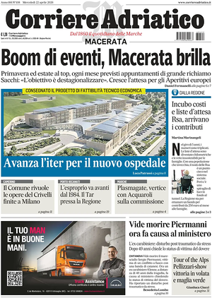 Prima pagina Corriere Adriatico (Macerata) di oggi - Quotidiano regionale