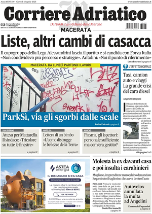 Prima pagina Corriere Adriatico (Macerata) di oggi - Quotidiano regionale