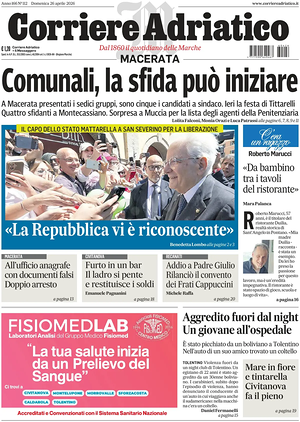 Prima pagina Corriere Adriatico (Macerata) di oggi - Quotidiano regionale