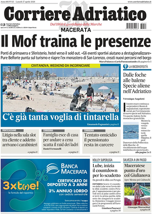 Prima pagina Corriere Adriatico (Macerata) di oggi - Quotidiano regionale