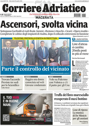 Prima pagina Corriere Adriatico (Macerata) di oggi - Quotidiano regionale