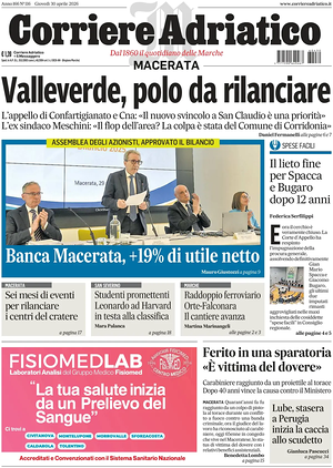Prima pagina Corriere Adriatico (Macerata) di oggi - Quotidiano regionale