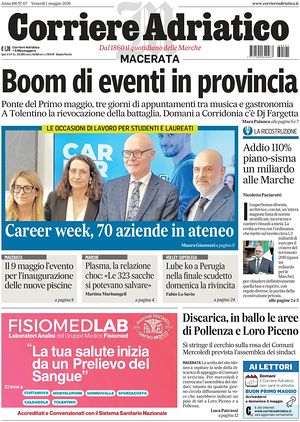 Prima pagina Corriere Adriatico (Macerata) di oggi - Quotidiano regionale