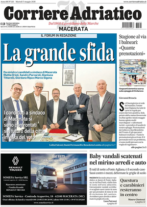 Prima pagina Corriere Adriatico (Macerata) di oggi - Quotidiano regionale