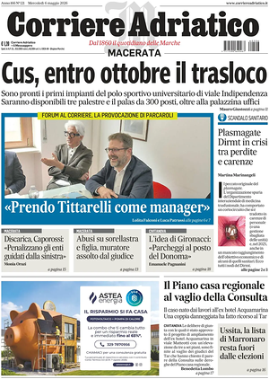 Prima pagina Corriere Adriatico (Macerata) di oggi - Quotidiano regionale