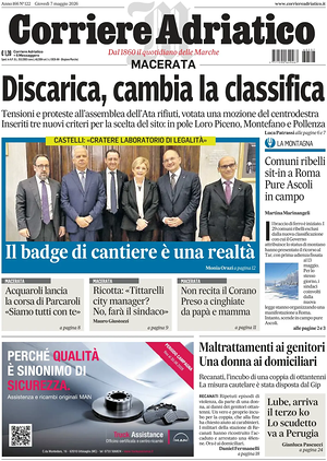 Prima pagina Corriere Adriatico (Macerata) di oggi - Quotidiano regionale