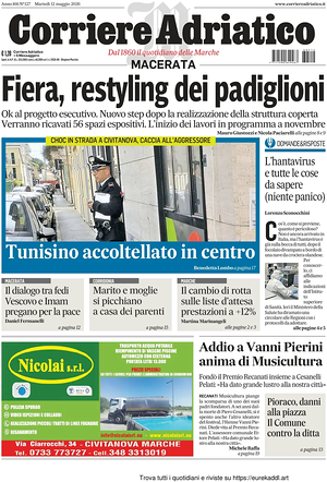 Prima pagina Corriere Adriatico (Macerata) di oggi - Quotidiano regionale
