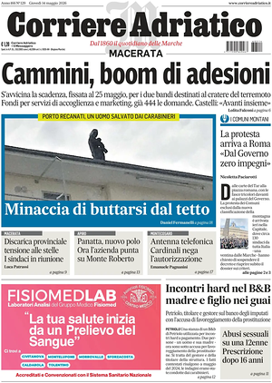 Prima pagina Corriere Adriatico (Macerata) di oggi - Quotidiano regionale