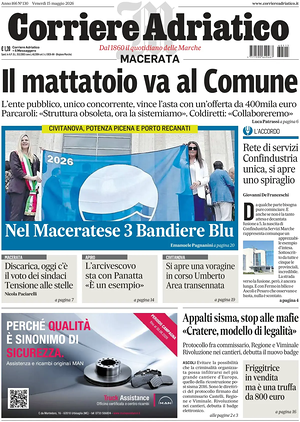Prima pagina Corriere Adriatico (Macerata) di oggi - Quotidiano regionale