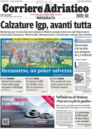 Prima pagina Corriere Adriatico (Macerata) di oggi - Quotidiano regionale